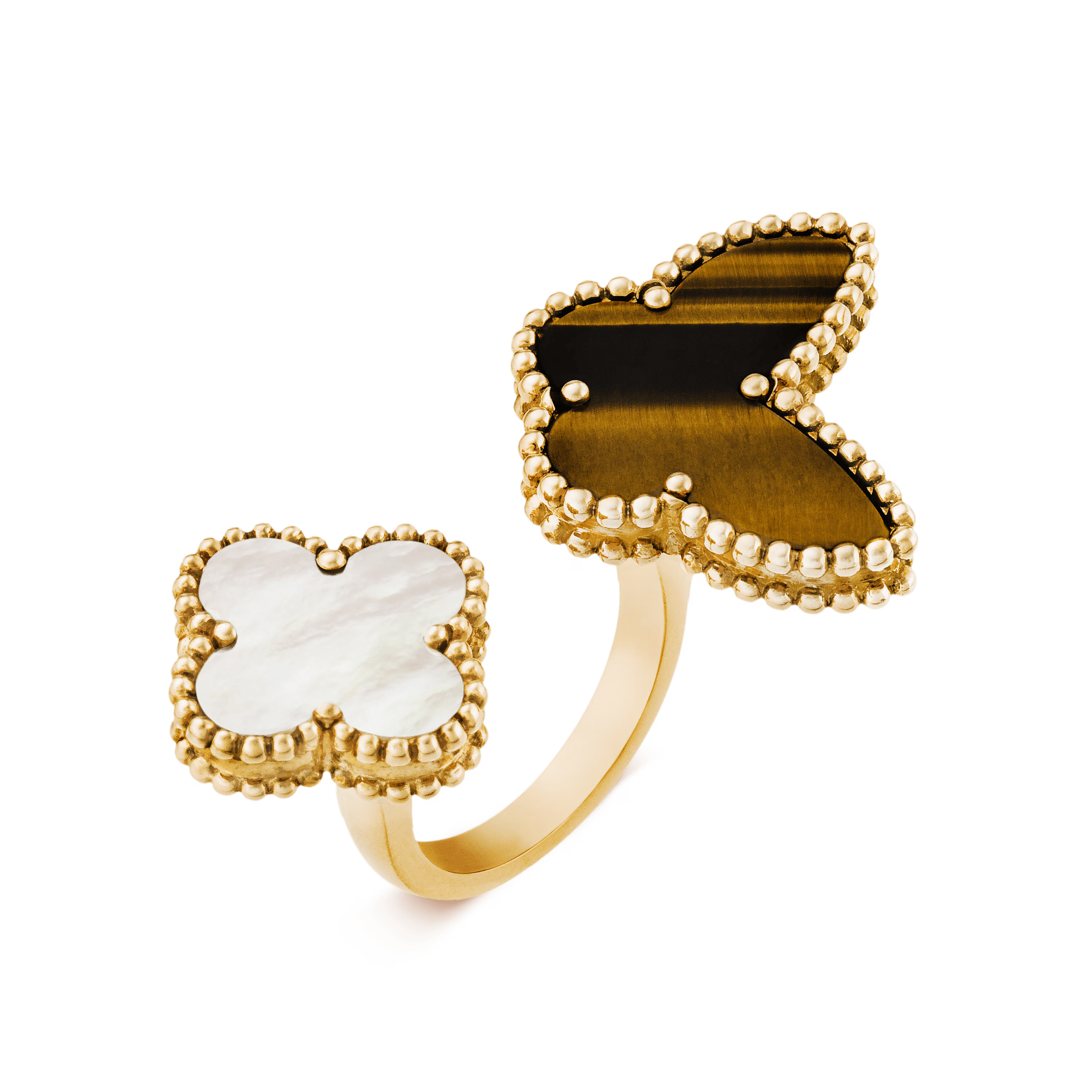 Van Cleef & Arpels. Каблучка на два пальця Lucky Alhambra із жовтого золота з білим перламутром та тигровом оком