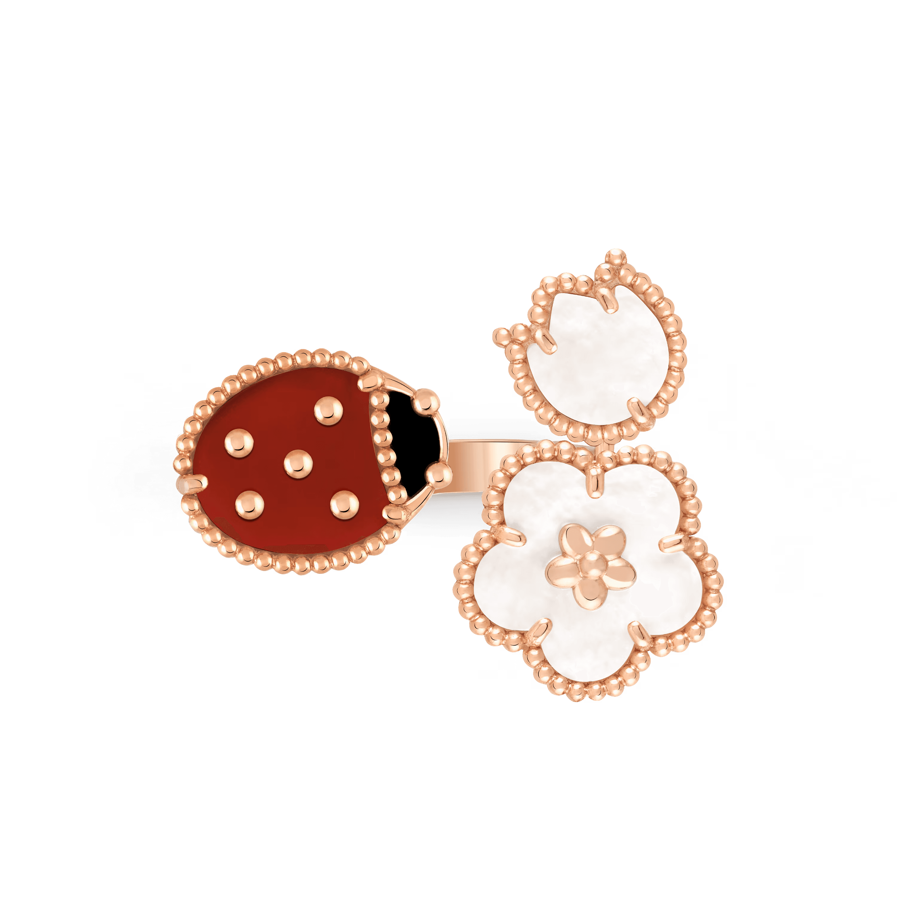 Van Cleef & Arpels. Каблучка на два пальці Lucky Spring із рожевого золота з білим перламутром, серделіком та оніксом