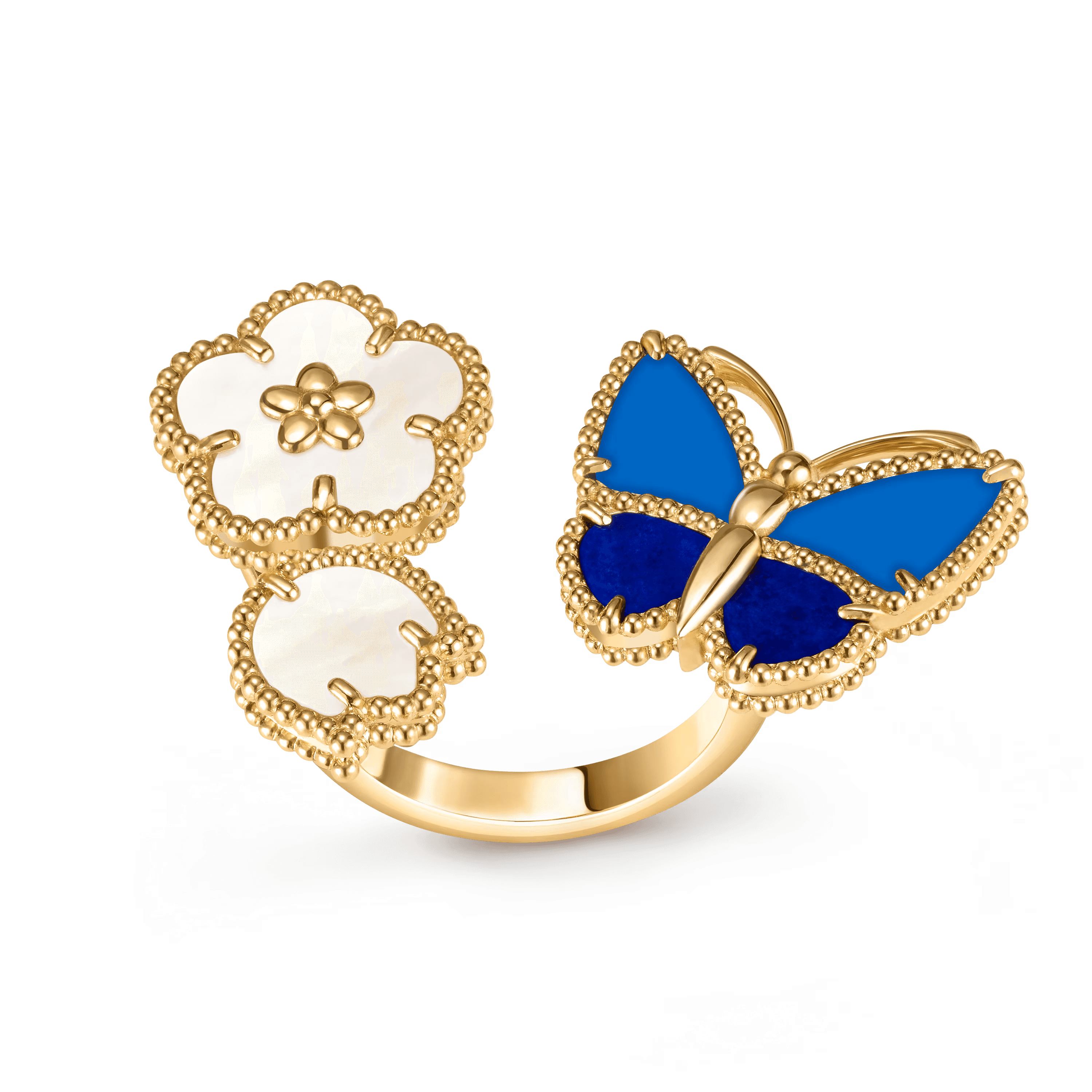 Van Cleef & Arpels. Каблучка на два пальці Lucky Spring Butterfly із жовтого золота з агатом та білим перламутром