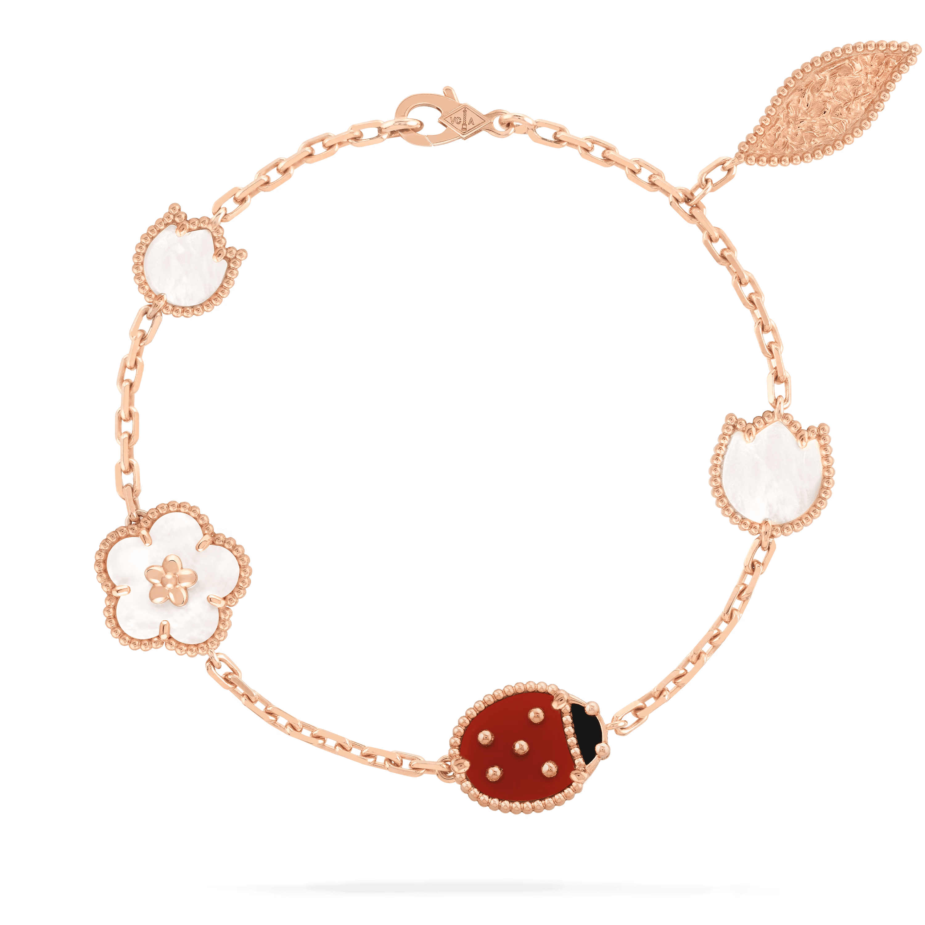 Van Cleef & Arpels. Браслет Lucky Spring із рожевого золота з білим перламутром, сердоліком та оніксом