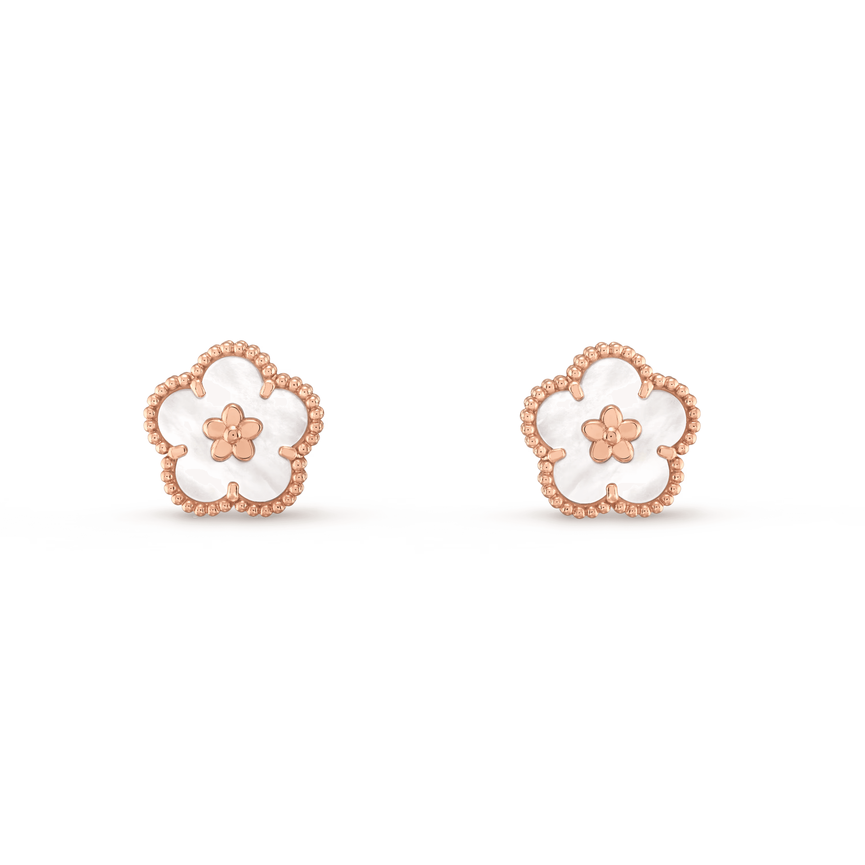 Van Cleef & Arpels. Сережки Lucky Spring, квітка сливи із рожевого золота з білим перламутром