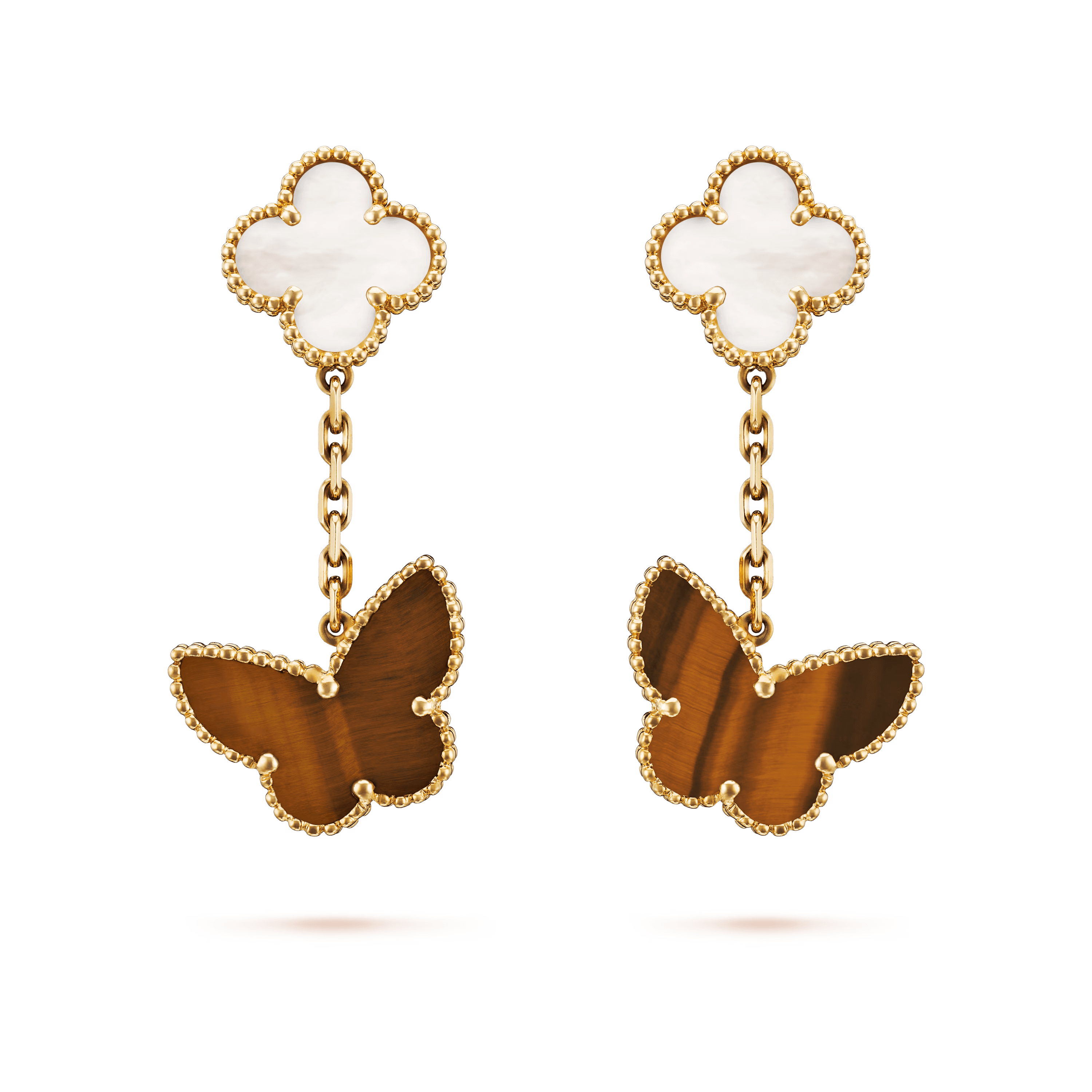 Van Cleef & Arpels. Сережки Lucky Alhambra із жовтого золота з білим перламутром та тигровим оком