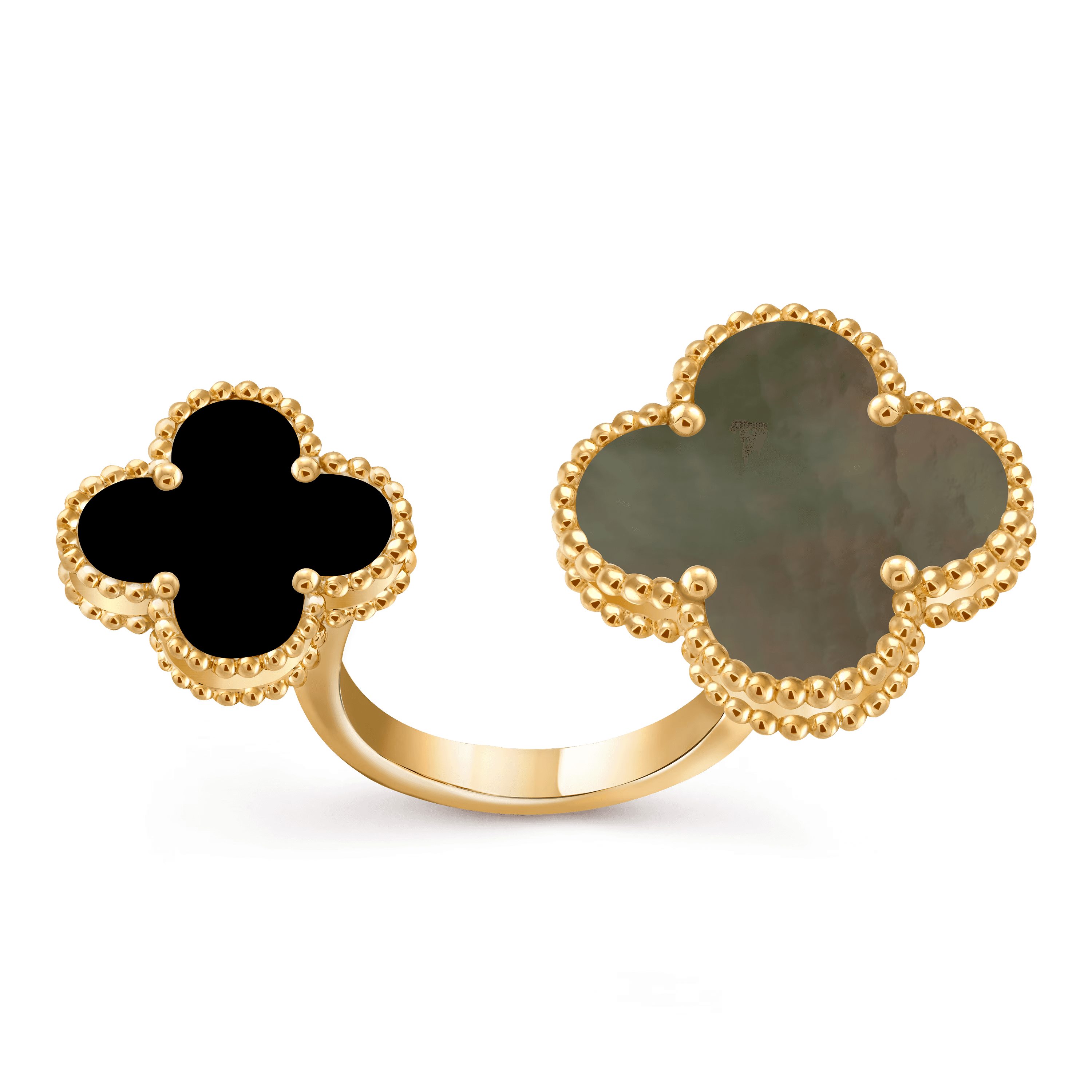 Van Cleef & Arpels. Каблучка на два пальца Magic Alhambra із жовтого золота з сірим перламутром та оніксом