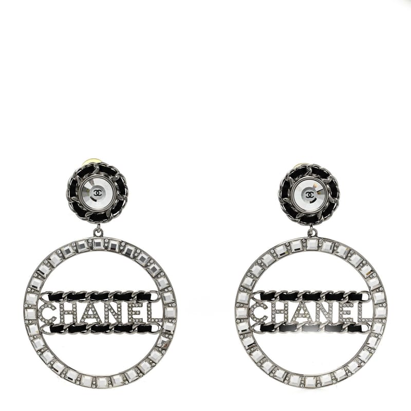 Crystal Lambskin ланцюг CC Hoop Clip On сережки чорний срібло