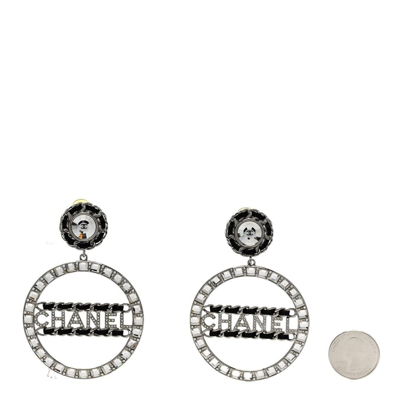 Crystal Lambskin ланцюг CC Hoop Clip On сережки чорний срібло