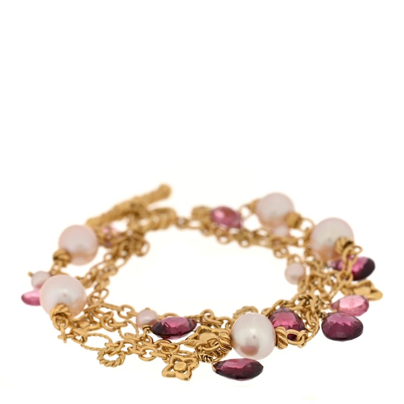 18K жовте золото Cultured перлина Pink Tourmaline Rhodolite 3 Strand браслет