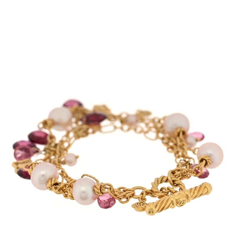 18K жовте золото Cultured перлина Pink Tourmaline Rhodolite 3 Strand браслет