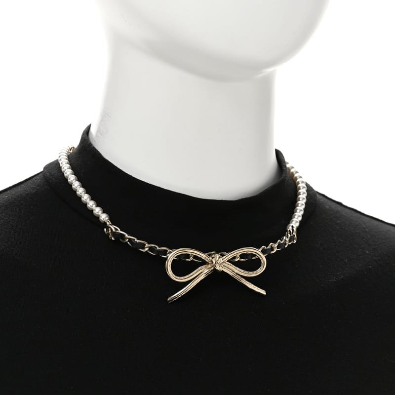 перлина Lambskin CC ланцюг Bow чокер золото чорний білий