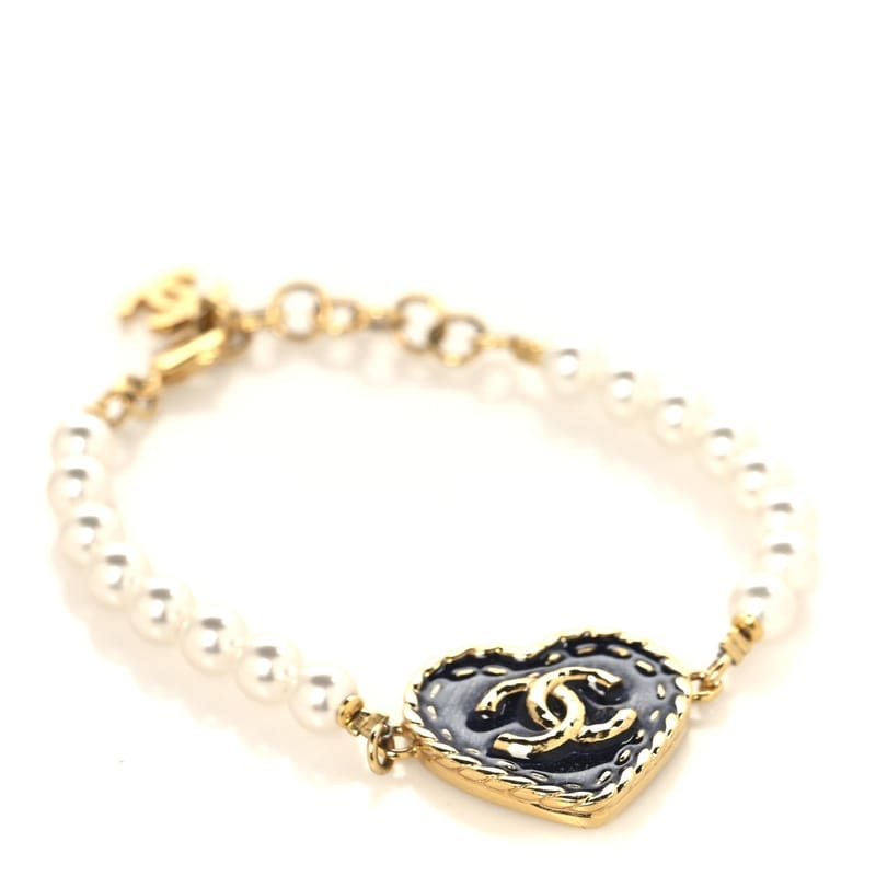 Metal Denim CC Heart браслет золото Blue Pearly білий