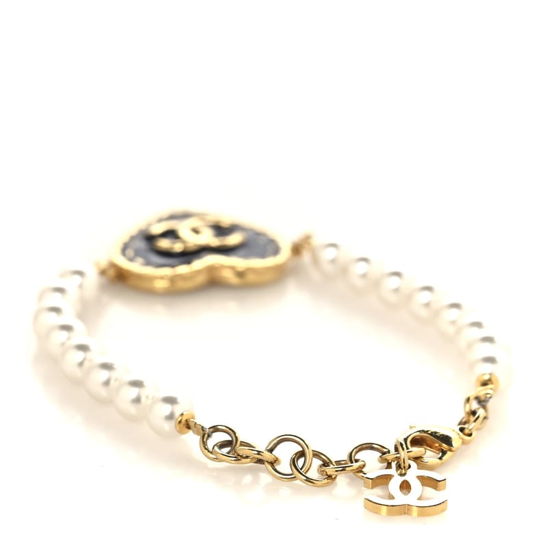 Metal Denim CC Heart браслет золото Blue Pearly білий