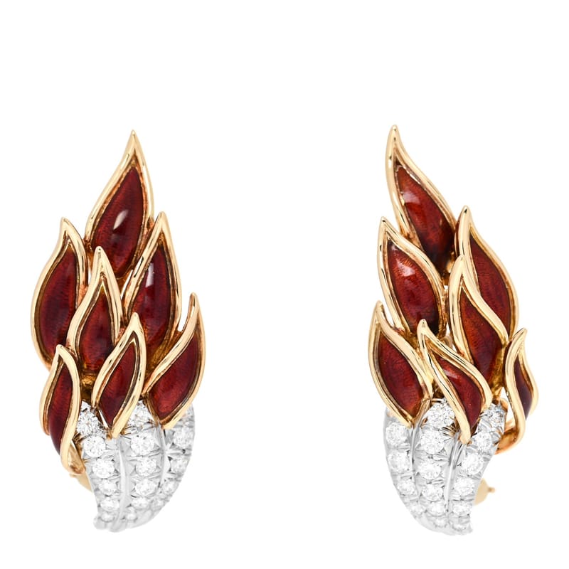 18K жовте золото платина Enamel діамант Schlumberger Flame сережки Red
