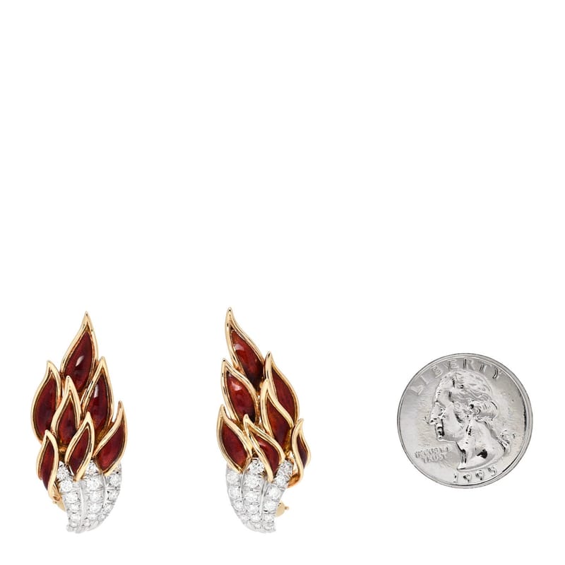 18K жовте золото платина Enamel діамант Schlumberger Flame сережки Red