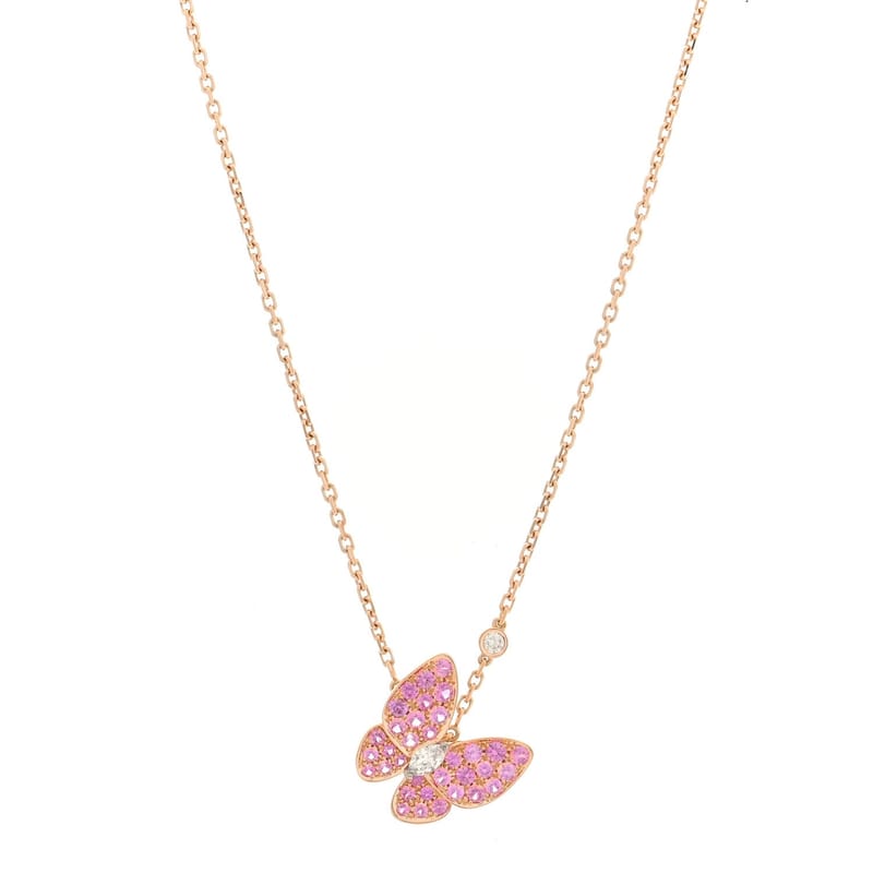 18K рожеве золото діамант Pink сапфір Two Butterfly підвіска кольє