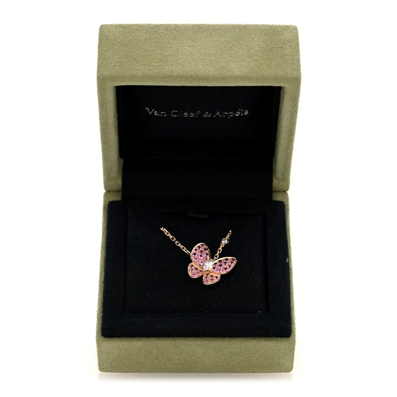 18K рожеве золото діамант Pink сапфір Two Butterfly підвіска кольє