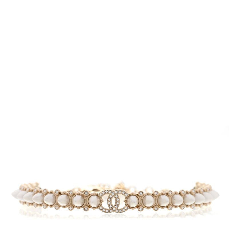 Strass Crystal Studded перлина CC чокер кольє золото Pearly білий