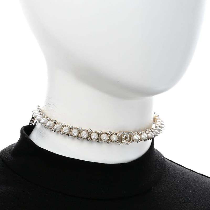 Strass Crystal Studded перлина CC чокер кольє золото Pearly білий