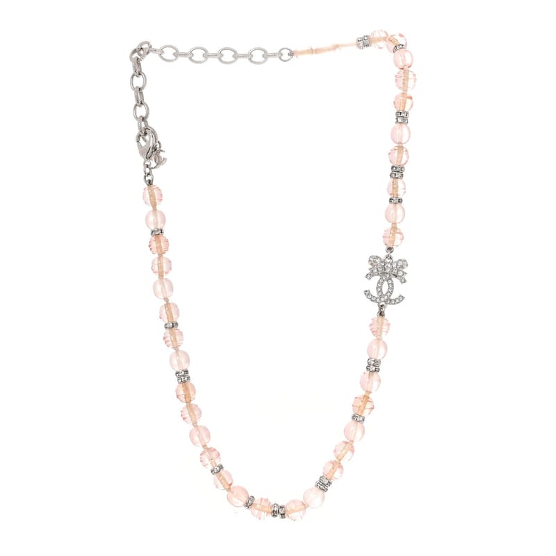 Metal Glass Strass Beaded CC Bow кольє срібло Pink