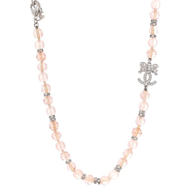 Metal Glass Strass Beaded CC Bow кольє срібло Pink