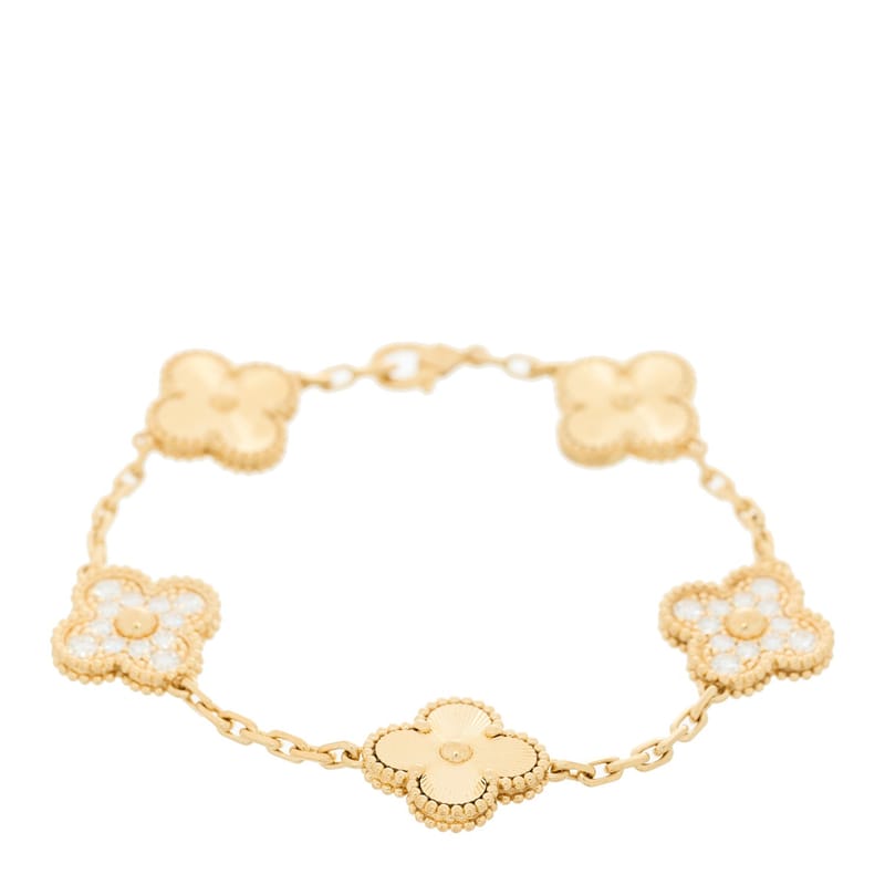 18K жовте золото діамант 5 Motifs Guilloche Vintage Alhambra браслет