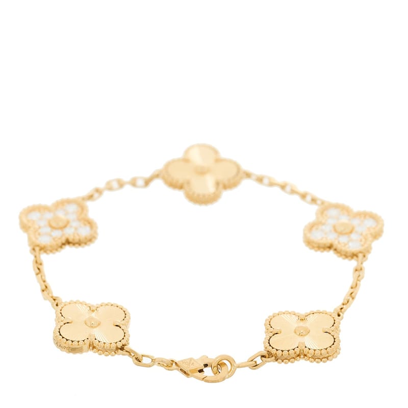 18K жовте золото діамант 5 Motifs Guilloche Vintage Alhambra браслет