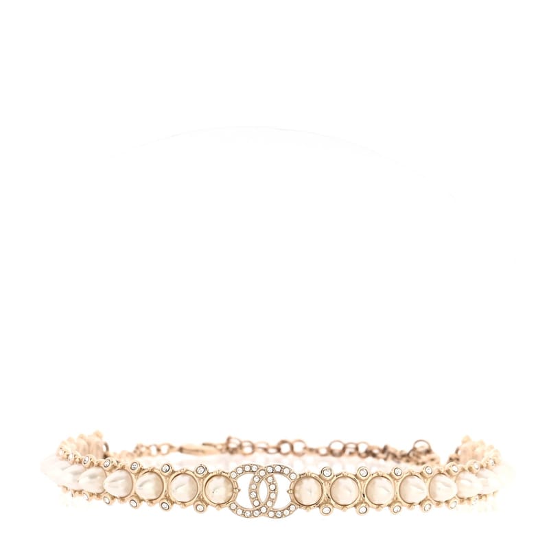 Strass Crystal Studded перлина CC чокер кольє золото Pearly білий
