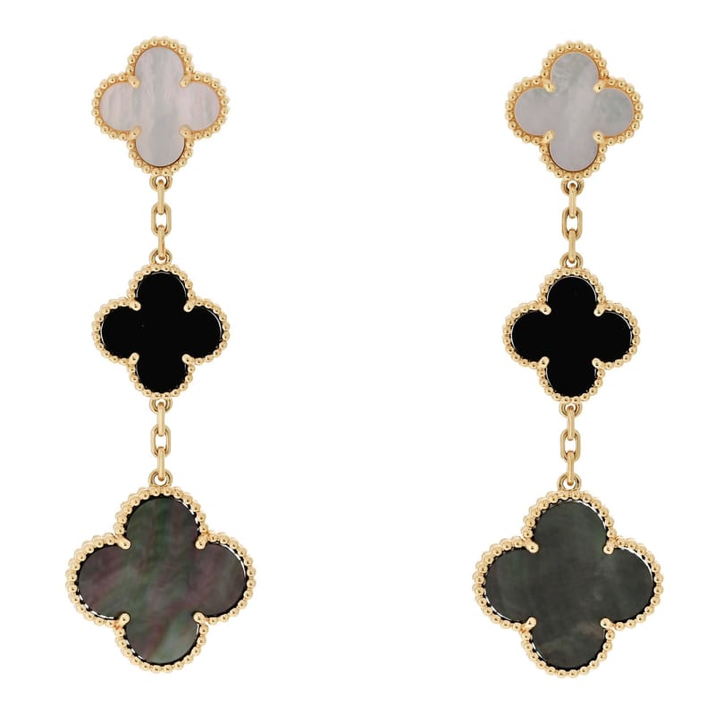 18K жовте золото перламутр чорний онікс 3 Motifs Magic Alhambra сережки