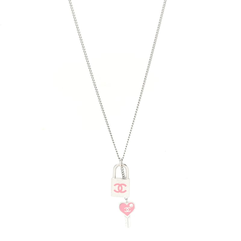 Enamel CC Padlock Heart Key кольє срібло рожевий Salmon