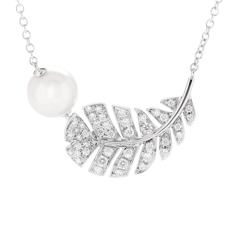 18K біле золото діамант Cultured перлина Plume De Chanel кольє