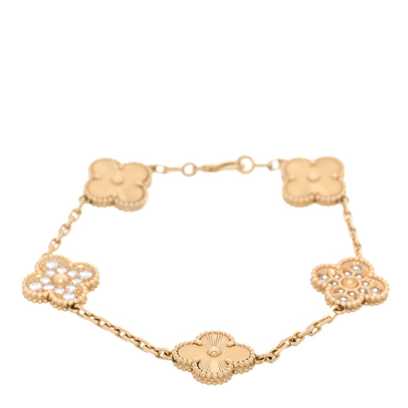 18K жовте золото діамант 5 Motifs Guilloche Vintage Alhambra браслет