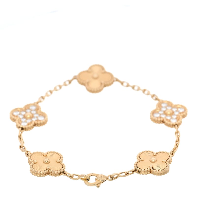 18K жовте золото діамант 5 Motifs Guilloche Vintage Alhambra браслет
