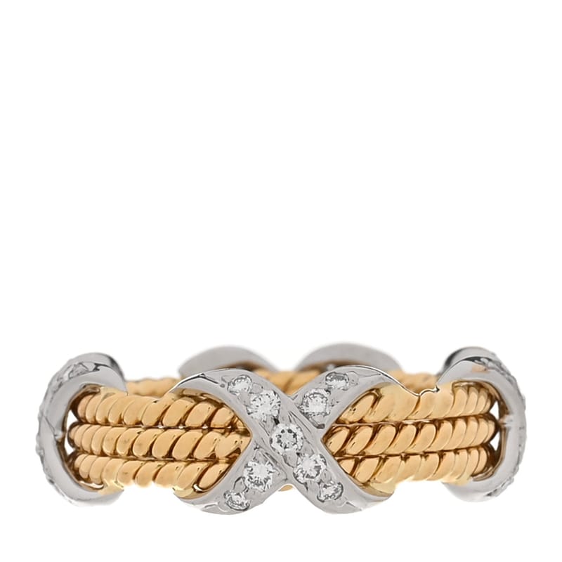 18K жовте золото платина діамант Schlumberger Rope Three Row X каблучка 52 6