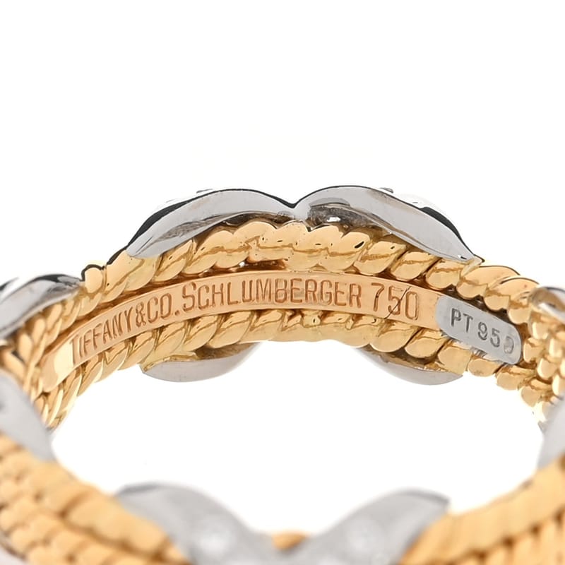 18K жовте золото платина діамант Schlumberger Rope Three Row X каблучка 52 6