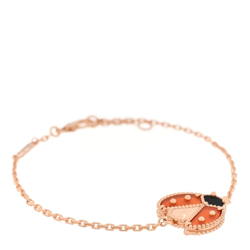18K рожеве золото Carnelian онікс Lucky Spring Open Wing Lady Bug браслет