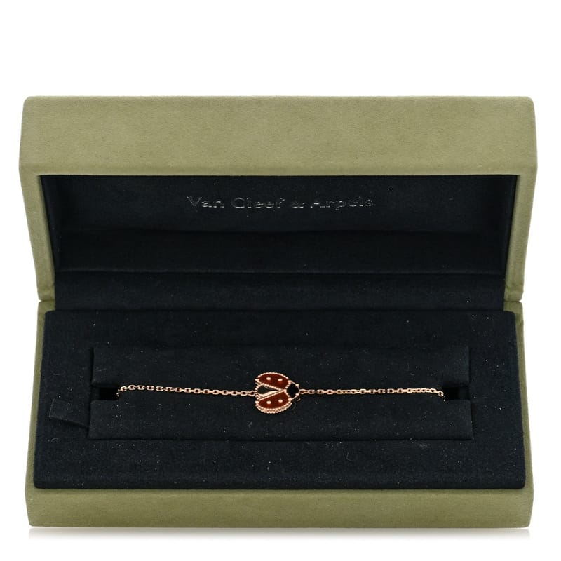 18K рожеве золото Carnelian онікс Lucky Spring Open Wing Lady Bug браслет