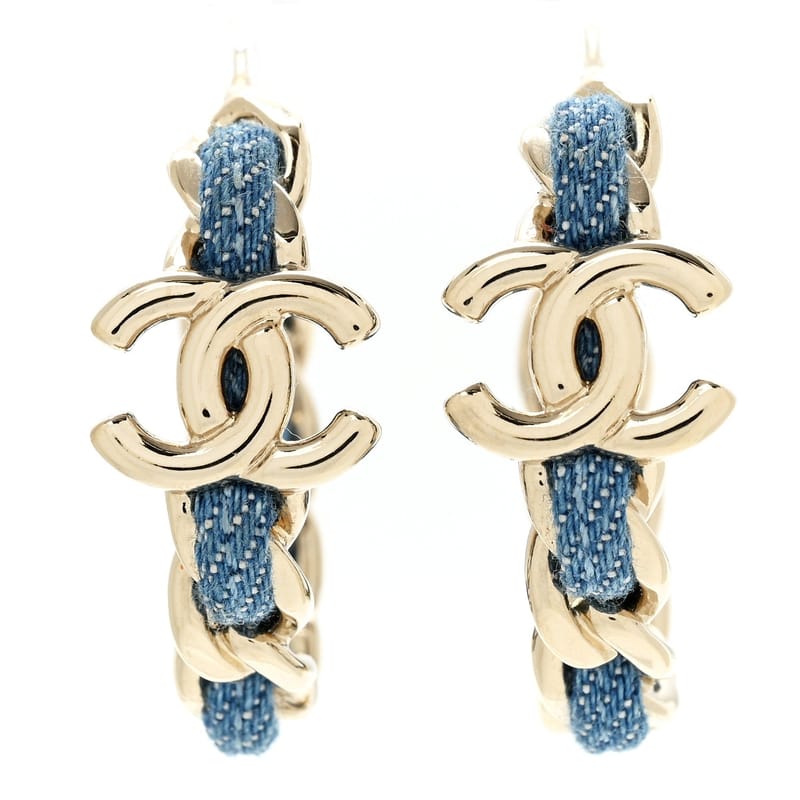 Metal Denim CC ланцюг Hoop сережки золото Blue