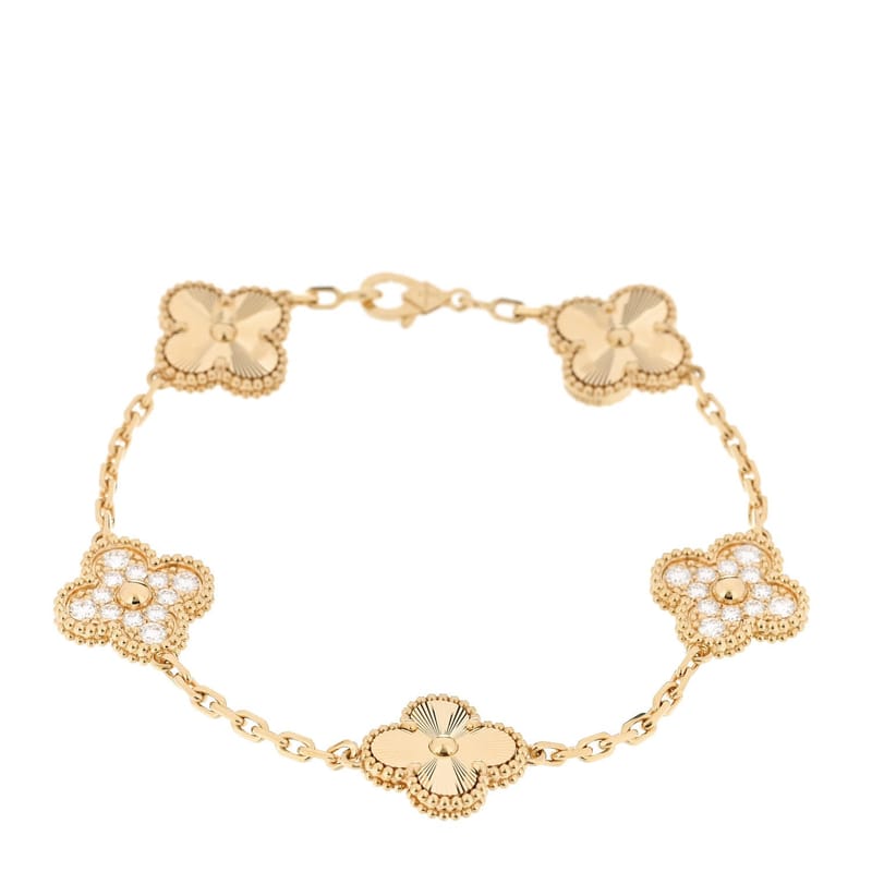 18K жовте золото діамант 5 Motifs Guilloche Vintage Alhambra браслет