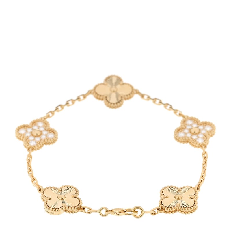 18K жовте золото діамант 5 Motifs Guilloche Vintage Alhambra браслет