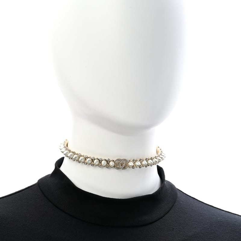Strass Crystal Studded перлина CC чокер кольє золото Pearly білий