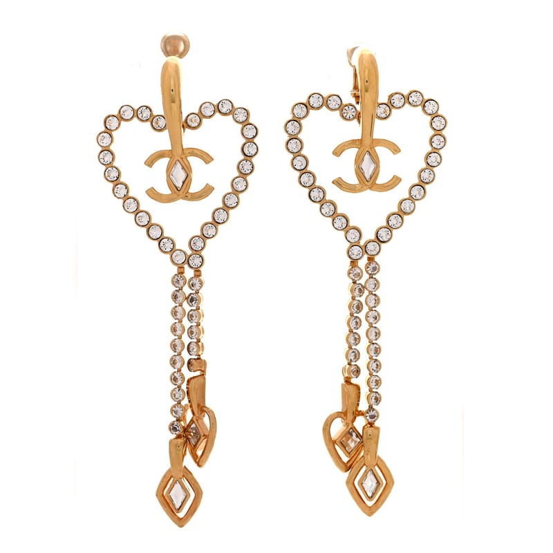 Metal Crystal CC Heart ланцюг Drop Clip On сережки золото