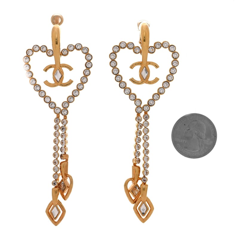 Metal Crystal CC Heart ланцюг Drop Clip On сережки золото