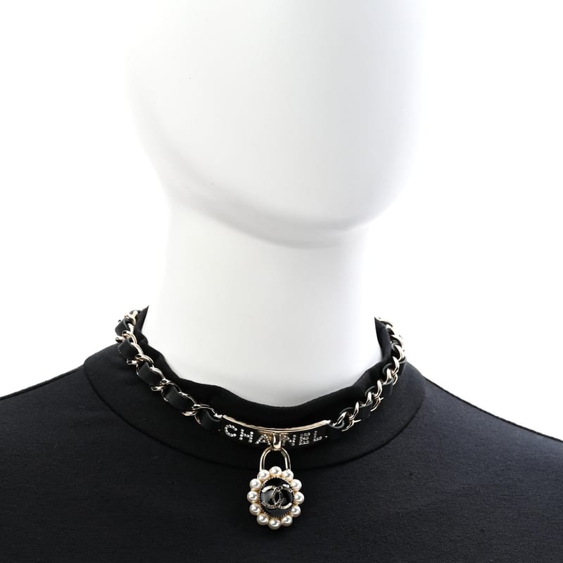 Crystal перлина Lambskin CC ланцюг чокер золото чорний Pearly білий