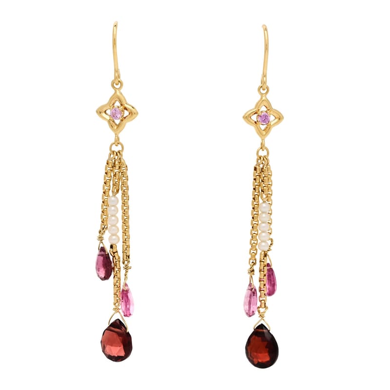 18K жовте золото Garnet Pink сапфір Pink Tourmaline Cultured перлина Quatrafoil ланцюг Drop сережки