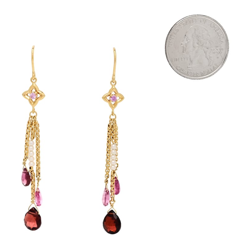 18K жовте золото Garnet Pink сапфір Pink Tourmaline Cultured перлина Quatrafoil ланцюг Drop сережки
